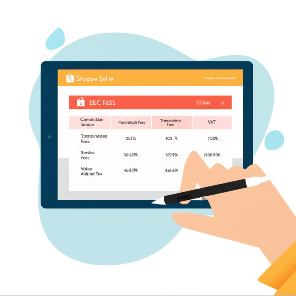 ภาพประกอบผู้ขายบน Shopee กำลังคำนวณค่าธรรมเนียมบนแท็บเล็ต แสดงเปอร์เซ็นต์ค่าคอมมิชชั่น บริการ ชำระเงิน และ VAT