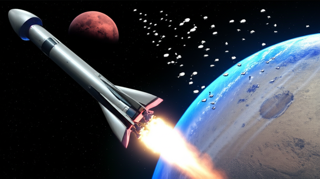 ภาพประกอบจรวด SpaceX ล้ำสมัยกำลังทะยานสู่ห้วงอวกาศพร้อมดาวเทียม Starlink และดาวอังคาร