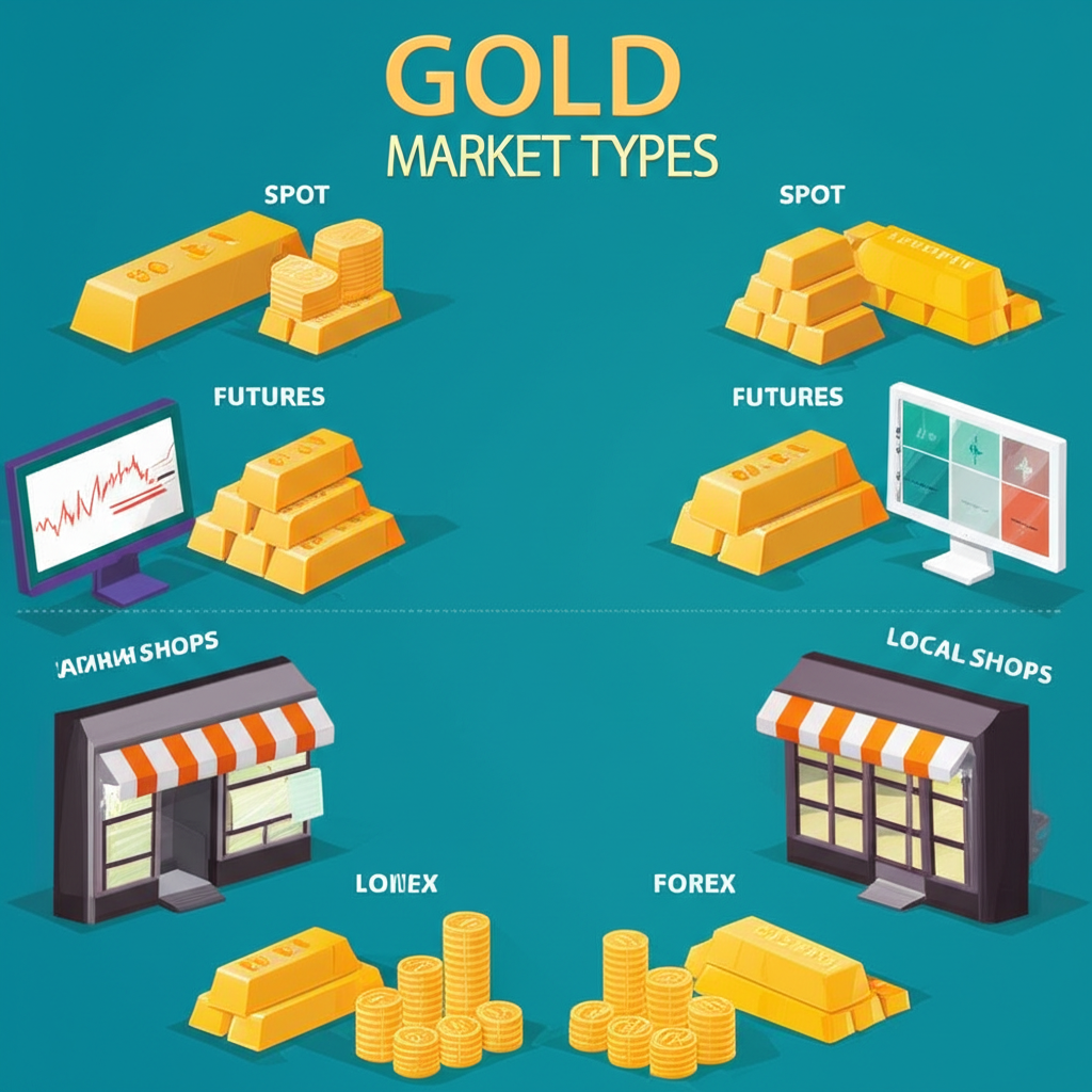 ภาพประกอบประเภทตลาดทองคำต่างๆ เช่นสปอต ฟิวเจอร์ส Forex และร้านค้าท้องถิ่นที่มีกลไกการทำงานต่างกัน