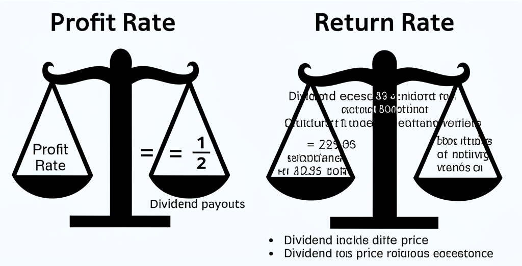 兩個不同的財務天平，一邊標示獲利率伴隨簡單計算，另一邊標示報酬率包含股息與股價差等多項元素