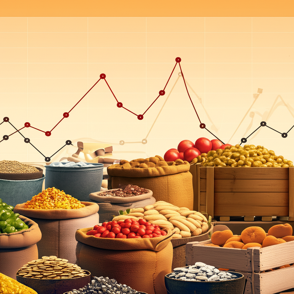 ภาพประกอบตลาดที่มีกราฟผันผวนและวัตถุดิบหลากหลาย สื่อถึงลักษณะของสินค้าโภคภัณฑ์