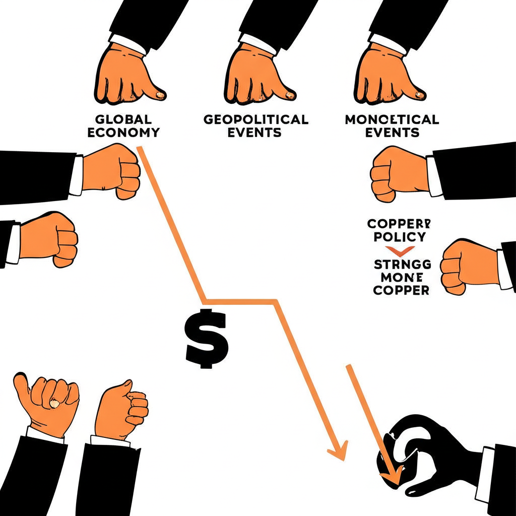 多隻手操作標有全球經濟、地緣事件與貨幣政策的槓桿,影響銅價圖表,強勢美元圖示向下壓制