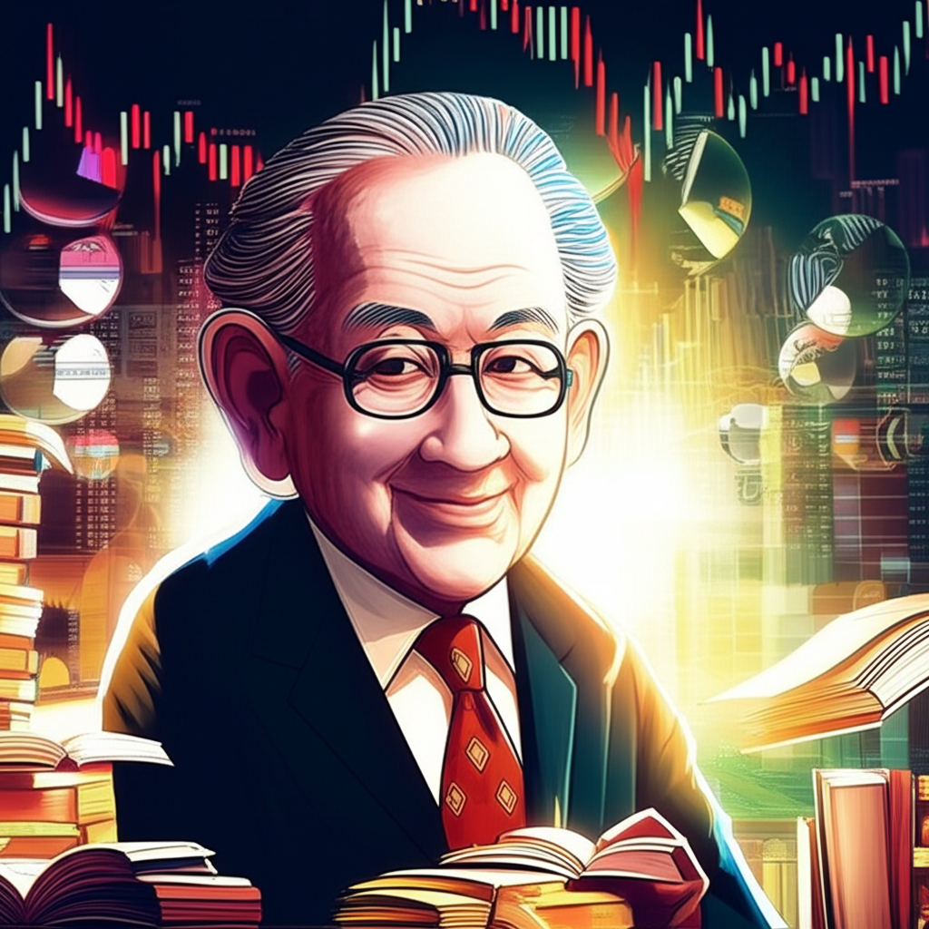 Illustration of Charlie Munger with glasses and a gentle smile, surrounded by financial charts and books, inspiring Thai investors