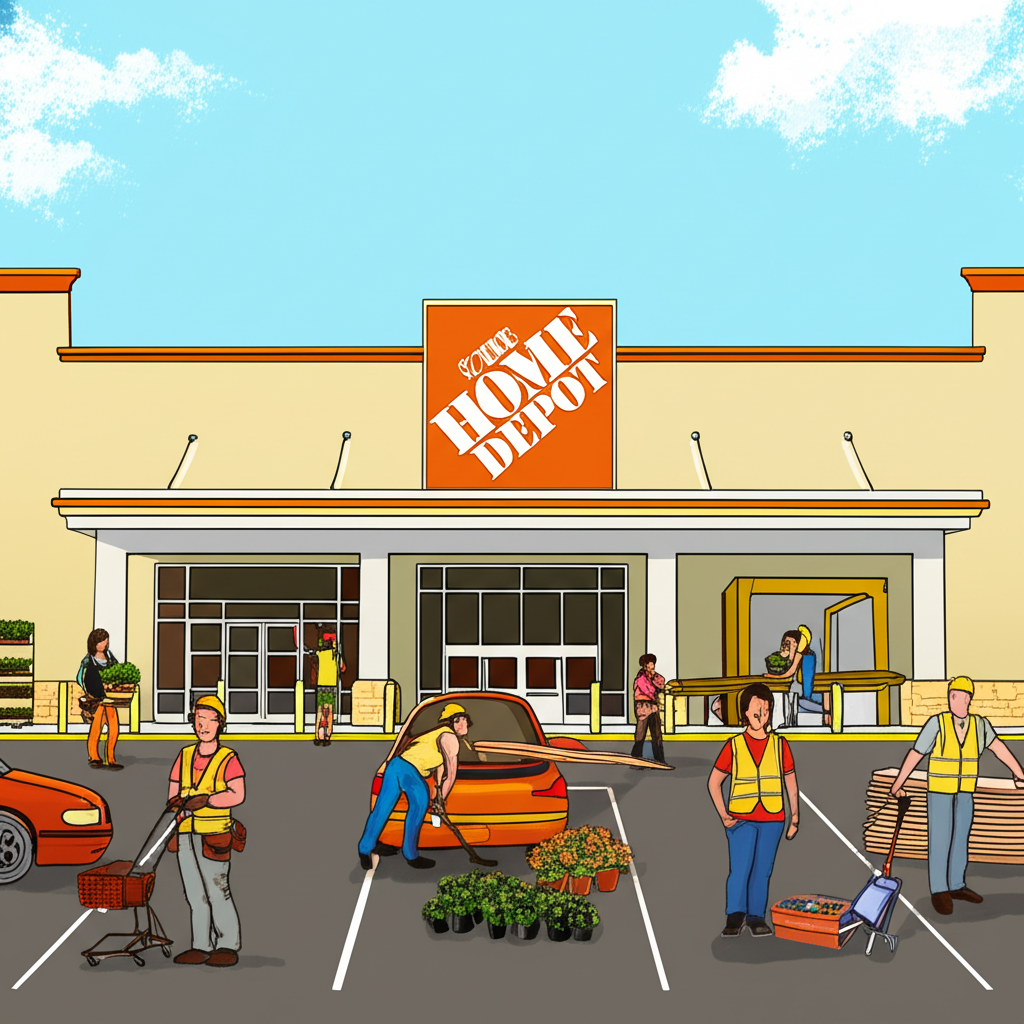 ภาพประกอบร้าน Home Depot กับกลุ่มคนหลากหลายที่กำลังทำโปรเจกต์ DIY และผู้รับเหมาทำงาน