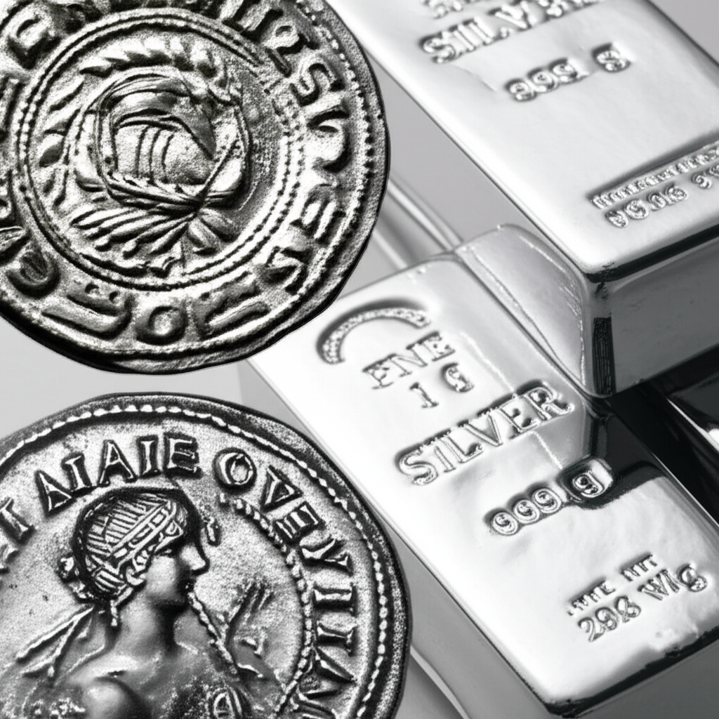 古老銀幣與現代銀條的圖示，象徵白銀從古代貨幣到現代投資資產的演變，反映全球經濟變遷