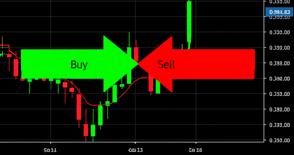 Opposite arrows on a forex chart representing buy and sell positions balancing for hedging illustration