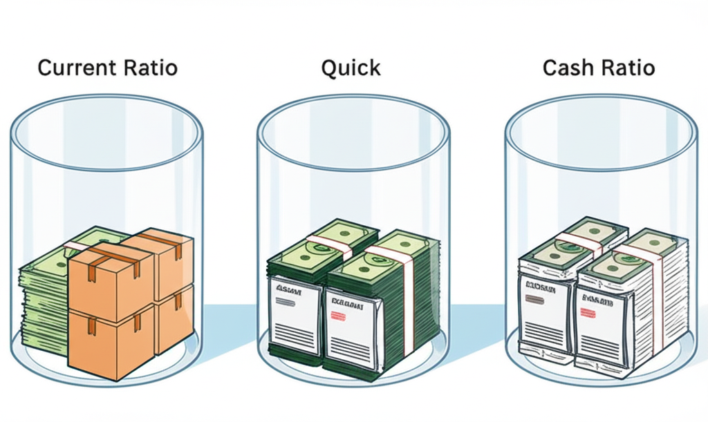 三種財務比率插圖:流動比率、速動比率與現金比率,顯示不同資產類別的嚴格程度