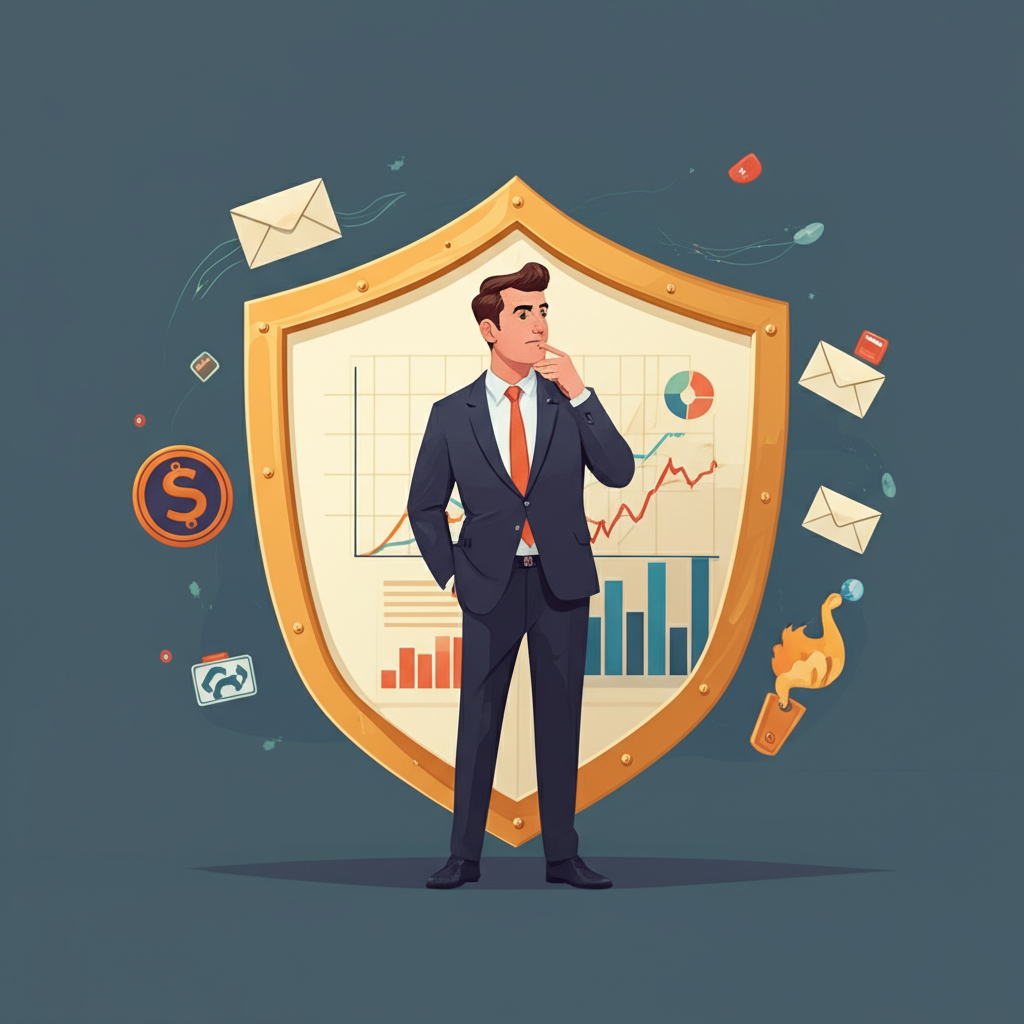 ภาพประกอบนักลงทุนมั่นใจตัดสินใจลงทุนอย่างมีข้อมูล ปกป้องด้วยโล่จากกลโกง