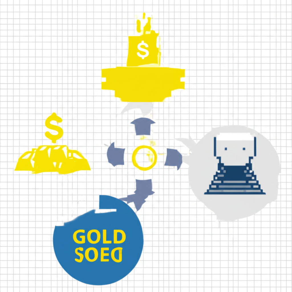 An illustration of five distinct icons representing economic factors influencing gold price connected by arrows