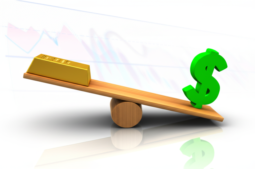 黃金與美元負相關關係的示意圖,如蹺蹺板般在金融市場中的互動