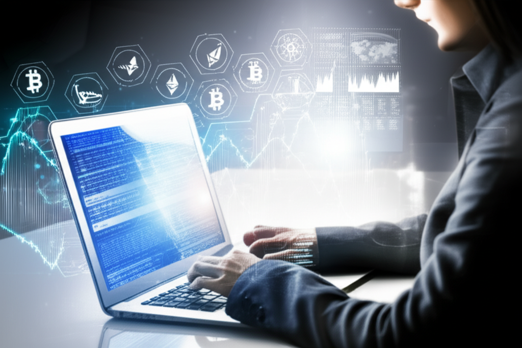 ภาพประกอบคนกำลังค้นคว้าข้อมูลคริปโตเคอร์เรนซีบนแล็ปท็อป ล้อมรอบด้วยกราฟและข้อมูล