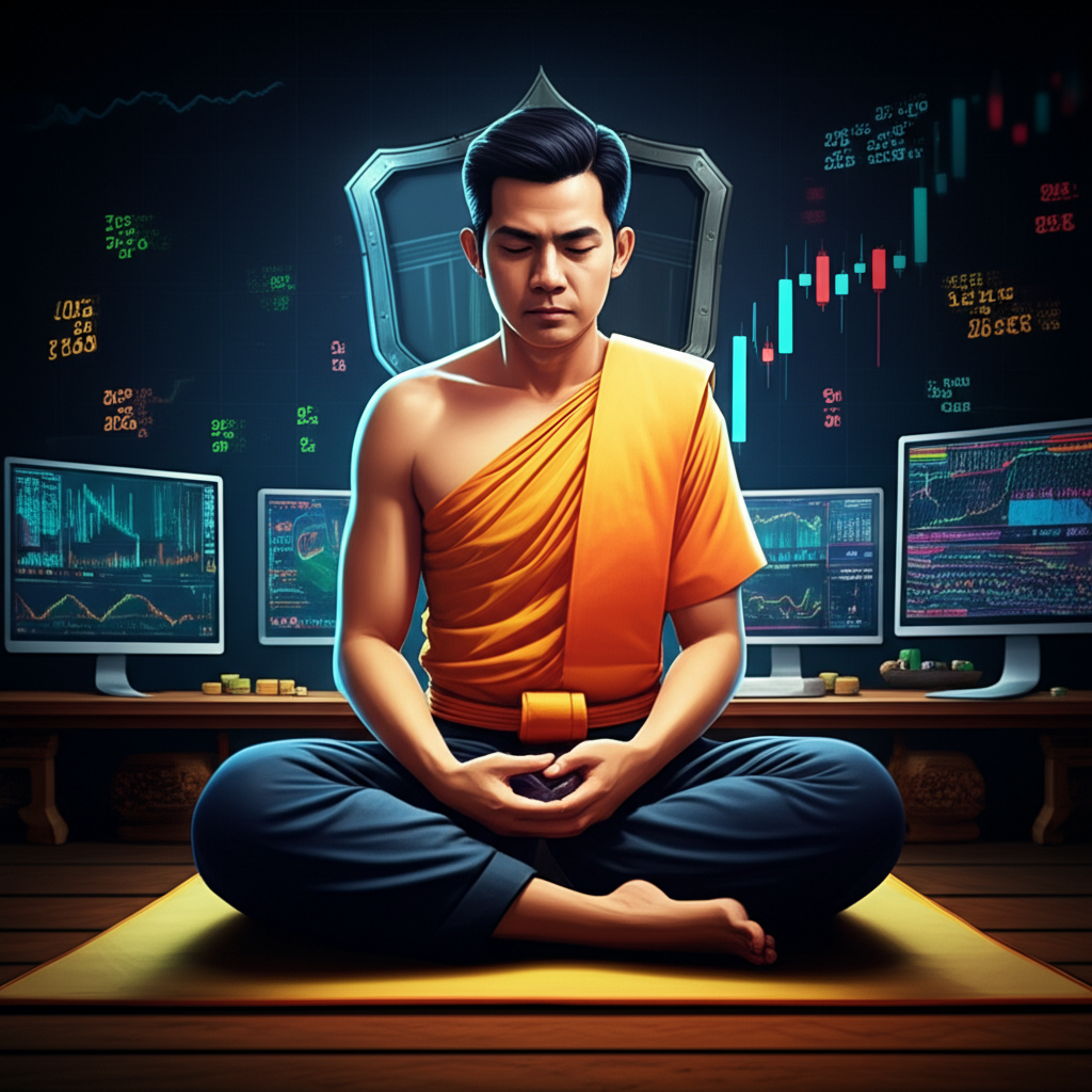 Thai trader calmly in volatile forex market a shield represents hedging protecting capital illustration