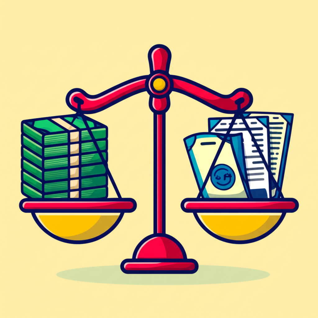 現金堆疊與帳單在天平上,象徵現金比率的即時償債能力與保守特性