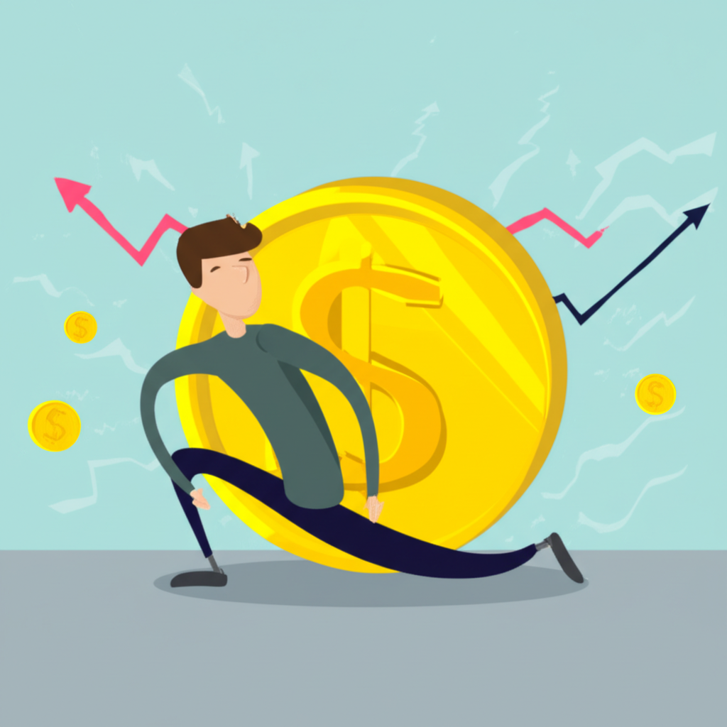 An illustration of a gold coin protecting a person from a shrinking currency symbol and rising prices