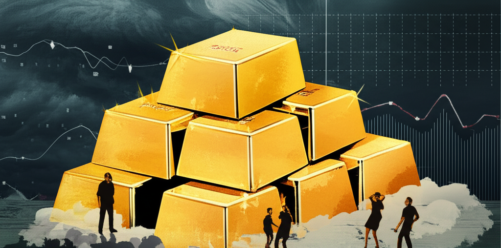 An illustration of gold bars shining amidst a stormy global economic landscape with fluctuating graphs and worried people