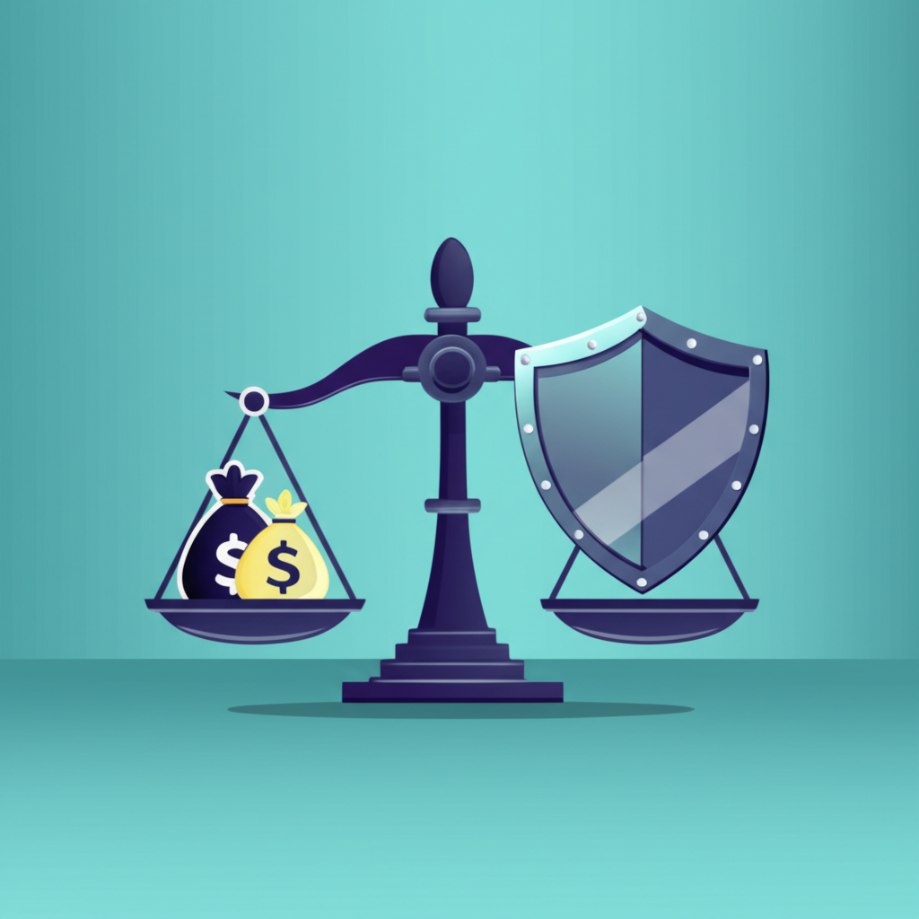 Balanced scale with money bags and a protective shield representing hedging forex illustration style