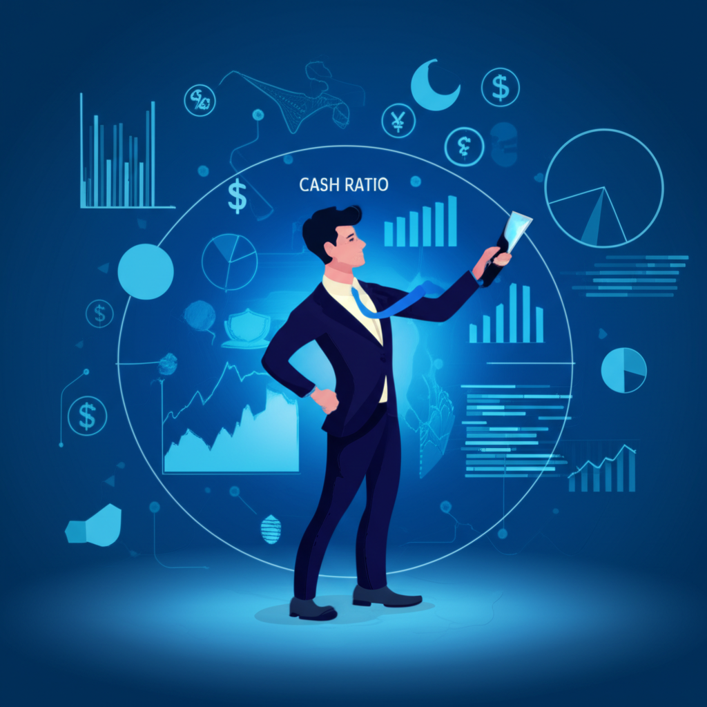 商業人士自信導航複雜財務世界,象徵現金比率對企業財務健康的洞察