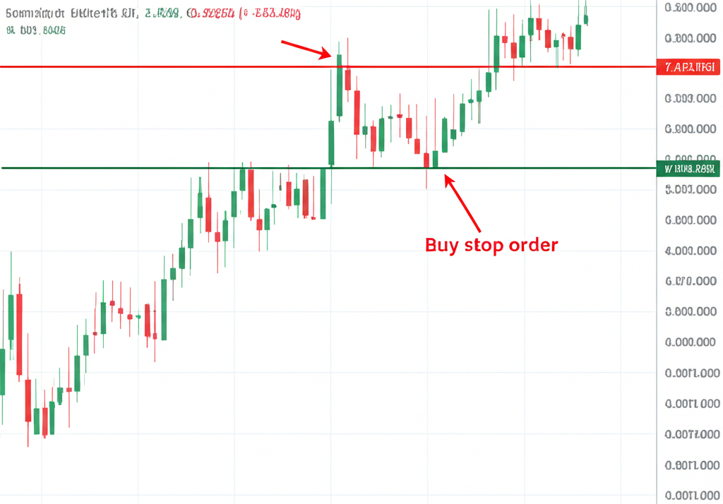ภาพประกอบคำสั่ง Buy Stop แบบ pending ที่ถูกกระตุ้นเมื่อราคาสินทรัพย์ขึ้นเหนือราคาหยุดที่ตั้งไว้สำหรับ breakout