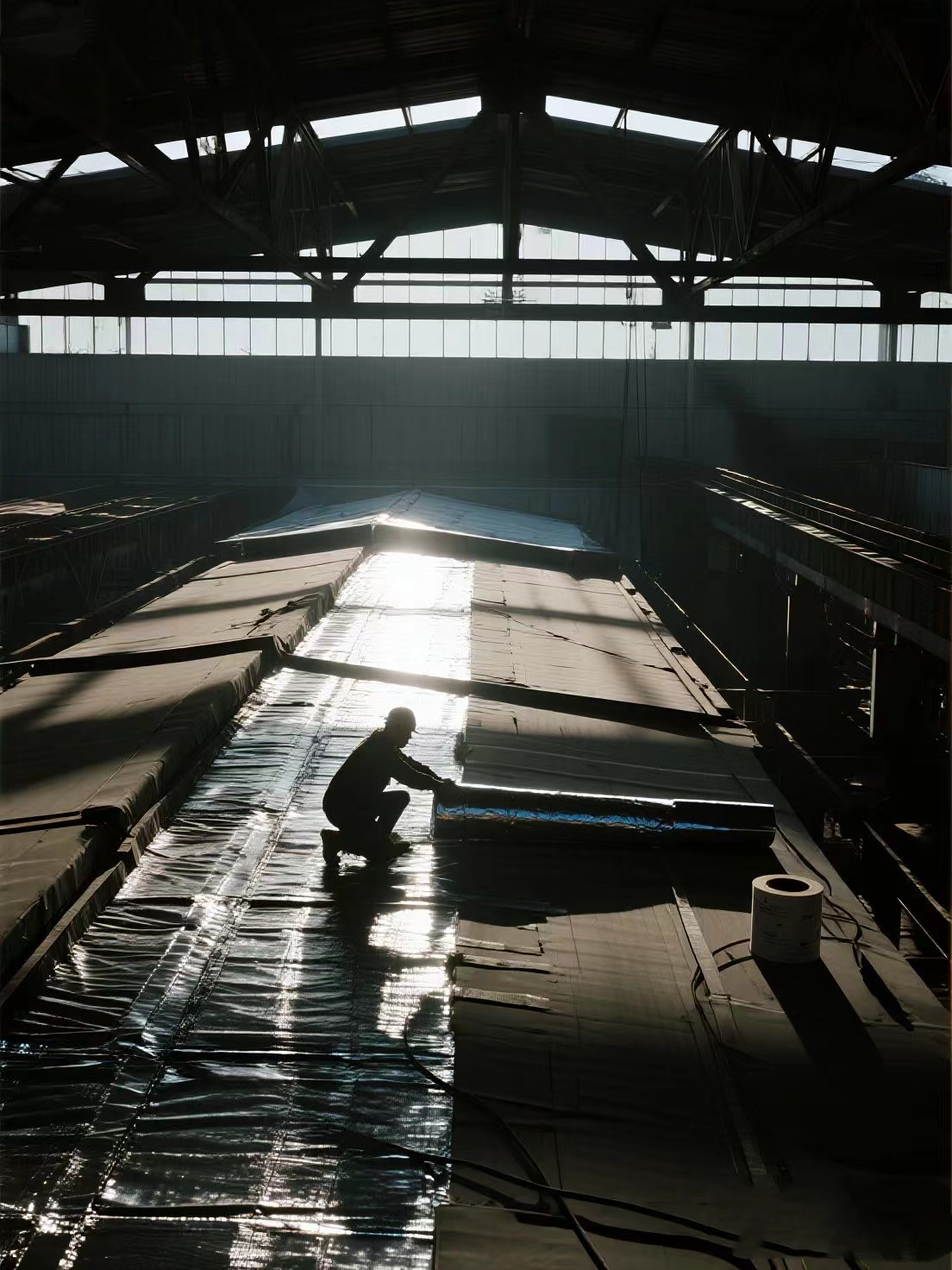 Factory roof being covered with Aluminum Foil Fiberglass Cloth