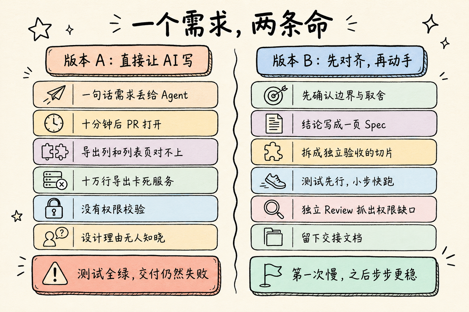 版本 A 与版本 B：同一个导出 Excel 需求的两条路径对比
